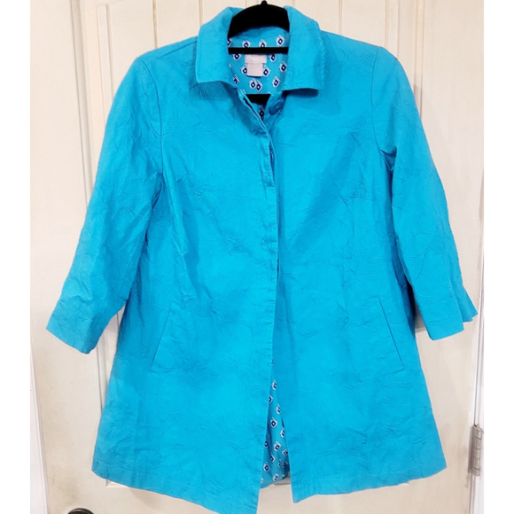 Chicos Sz 0 Small Turquoise Jacard 3/4 sleeve Button Front Lined Swing Jacket - Picture 1 of 4